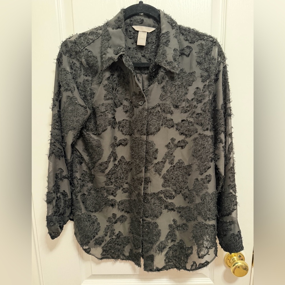 H&M Black Sheer Textured Floral Button-Down Shirt